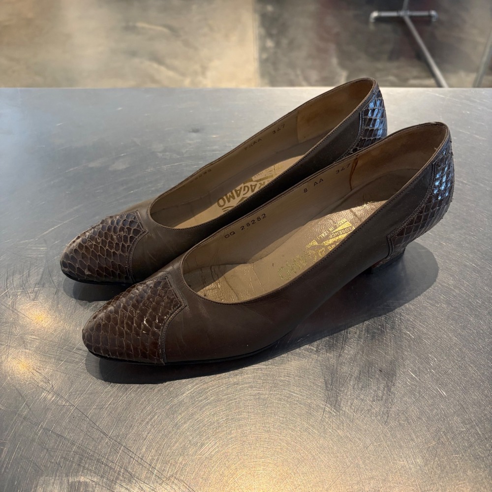 Salvatore Ferragamo Brown Leather Snakeskin Pumps Block Heel DQ 28282 Italy 8 AA